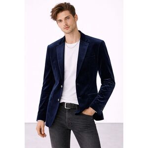 Navy Velvet Party Holiday Blazer Sport Coat Size 46R Tailored Fit Van Heusen